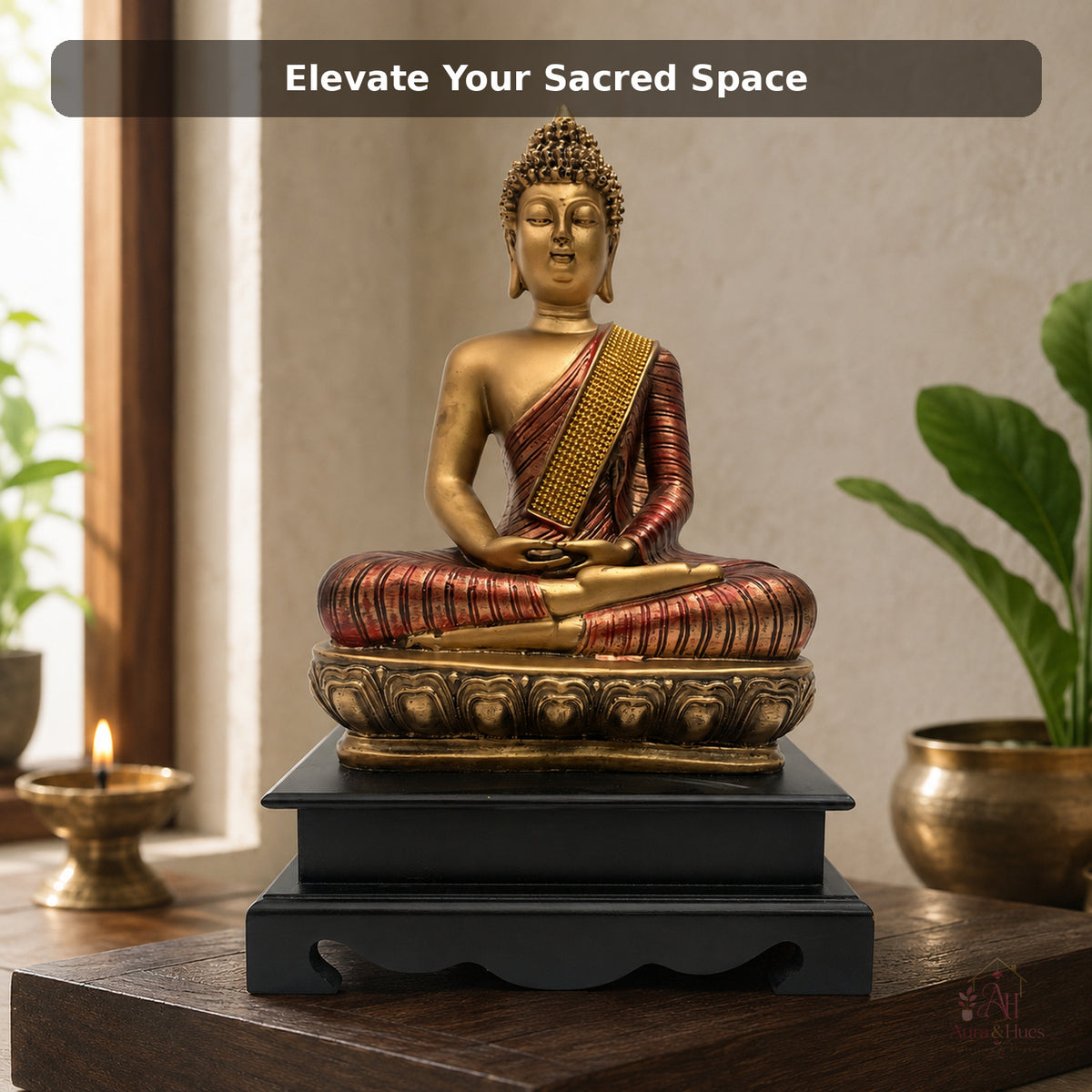 Ornate Royal Reclining Buddha Idol - Antique Gold, Maroon & Black