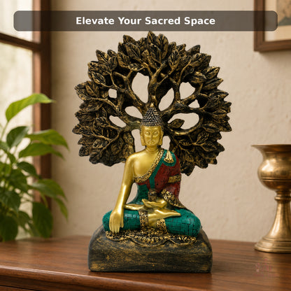 Antique Golden & Emerald Green Meditating Buddha Figurine