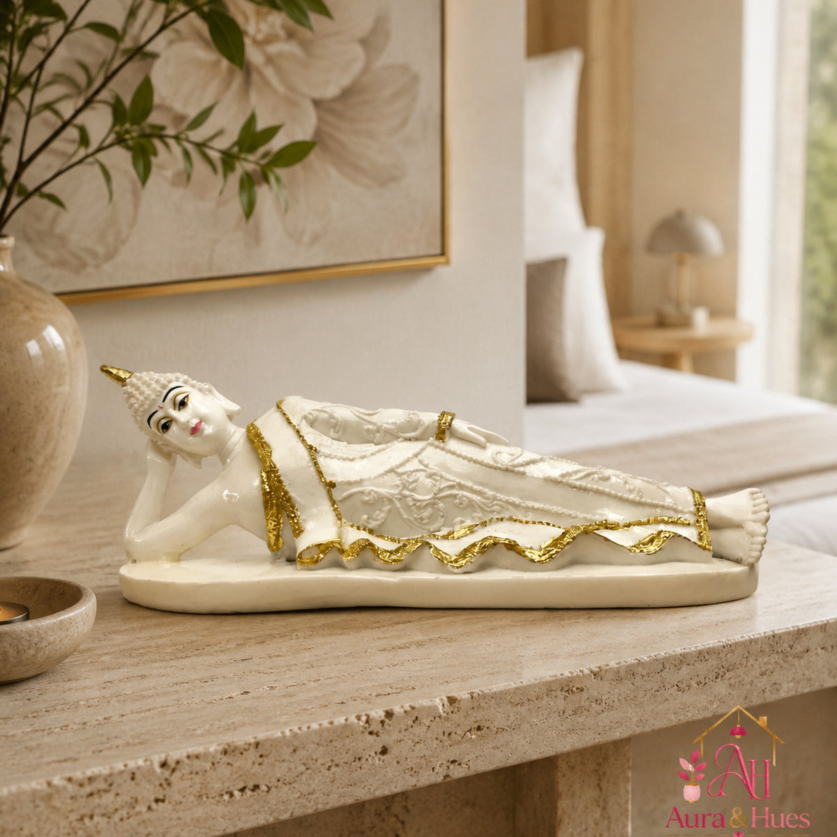 Serene Reclining Buddha Figurine - Pearl White & Gold