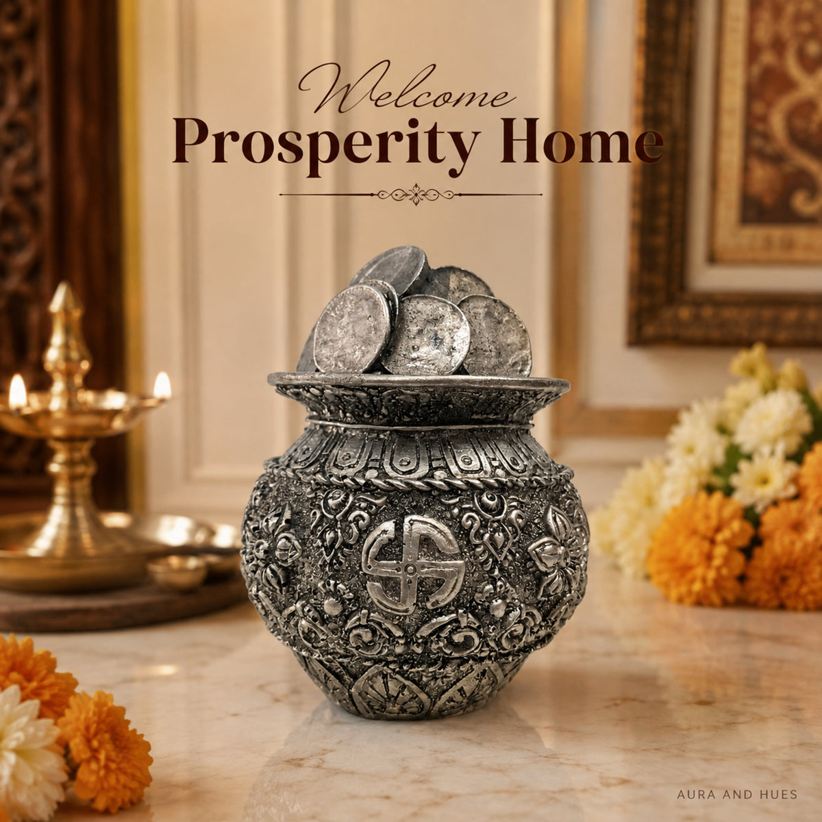 Auspicious Antique Silver Coin Kalash Idol for Pooja & Decor