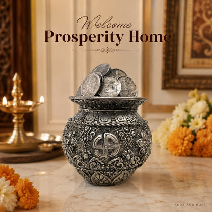 Auspicious Antique Silver Coin Kalash Idol for Pooja & Decor