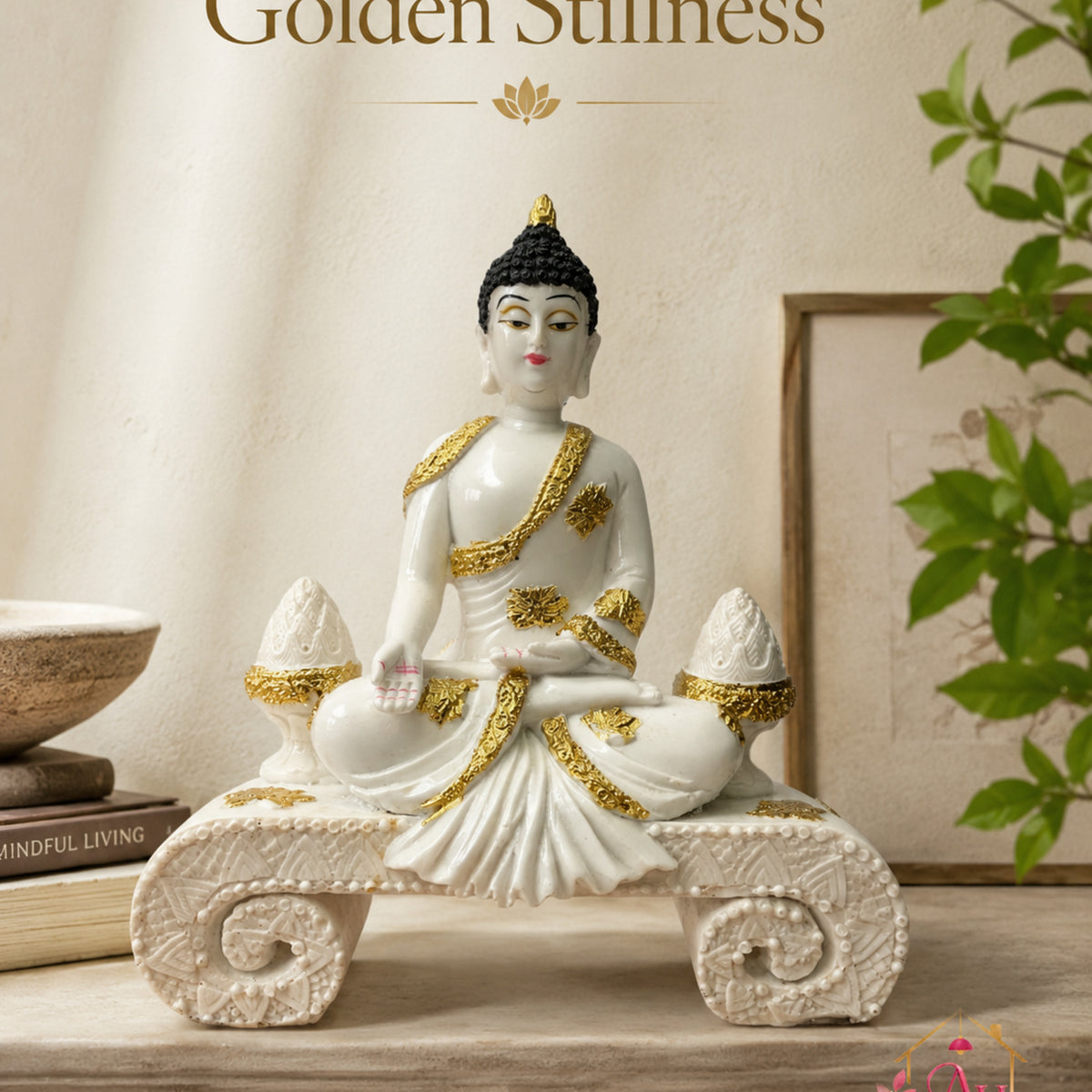 Serene Seated Buddha with Mudra - Pearl White & Gold