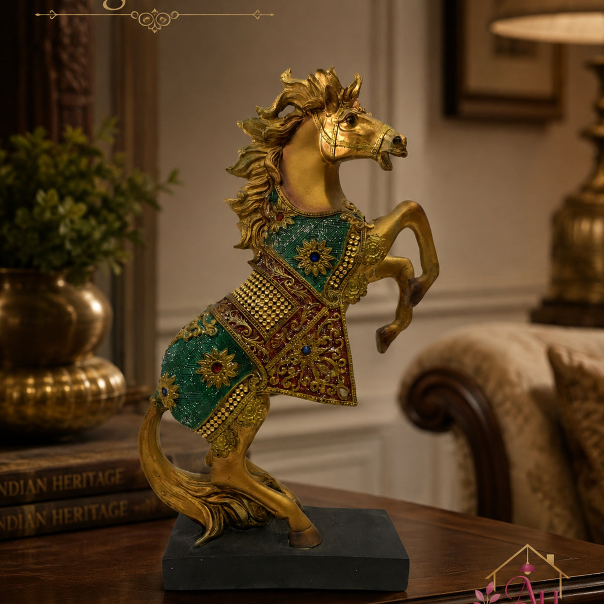 Royal Vastu Show Horse with Traditional Finish - Bronze, Green & Red