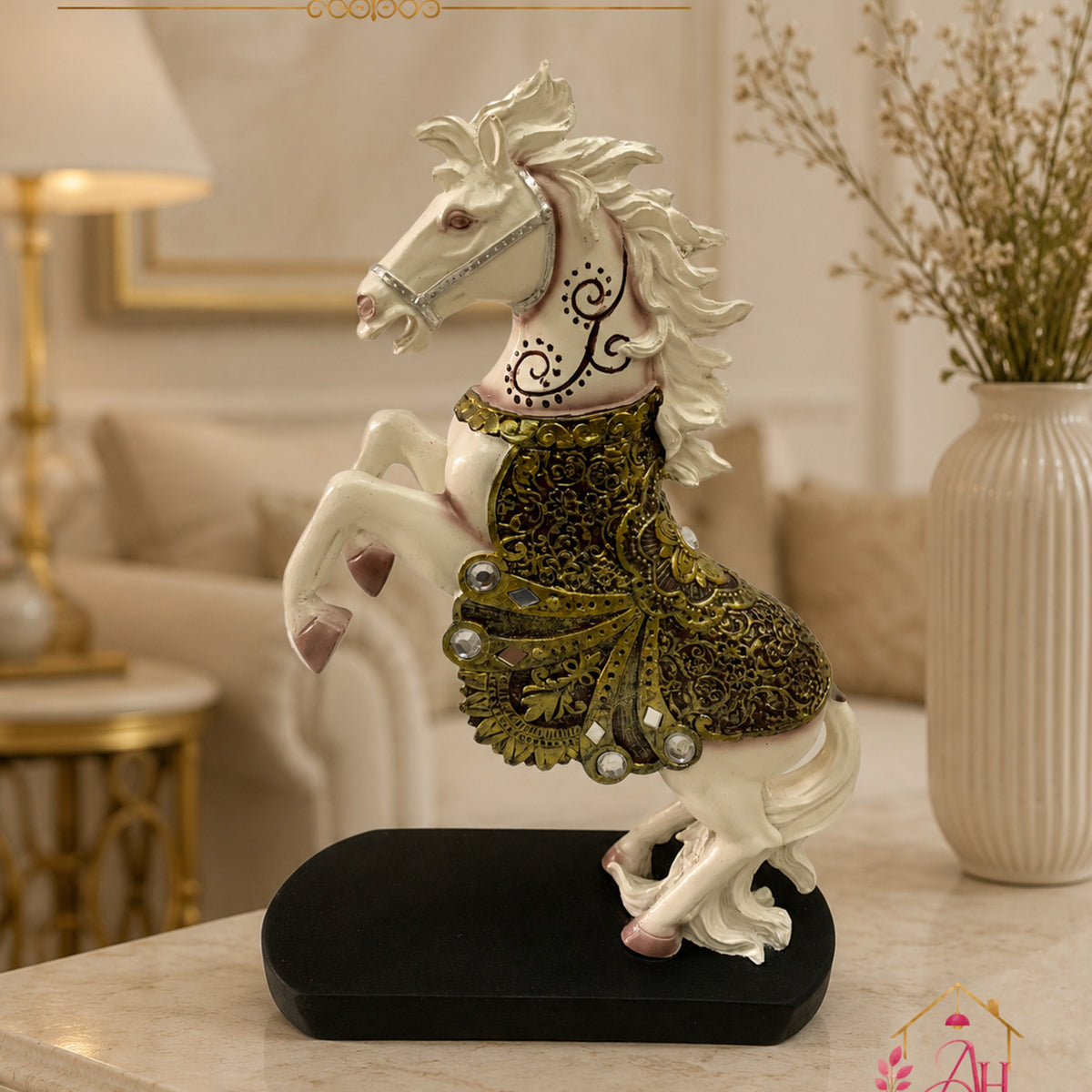 Royal Vastu Show Horse with Ornate Antique Saddle - Pure White