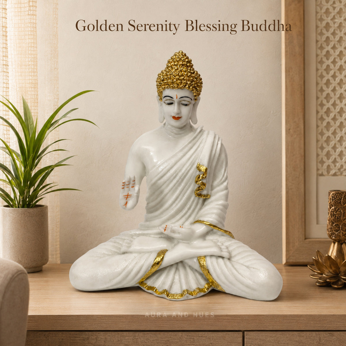 Meditating Dhyana Buddha Idol - White & Gold