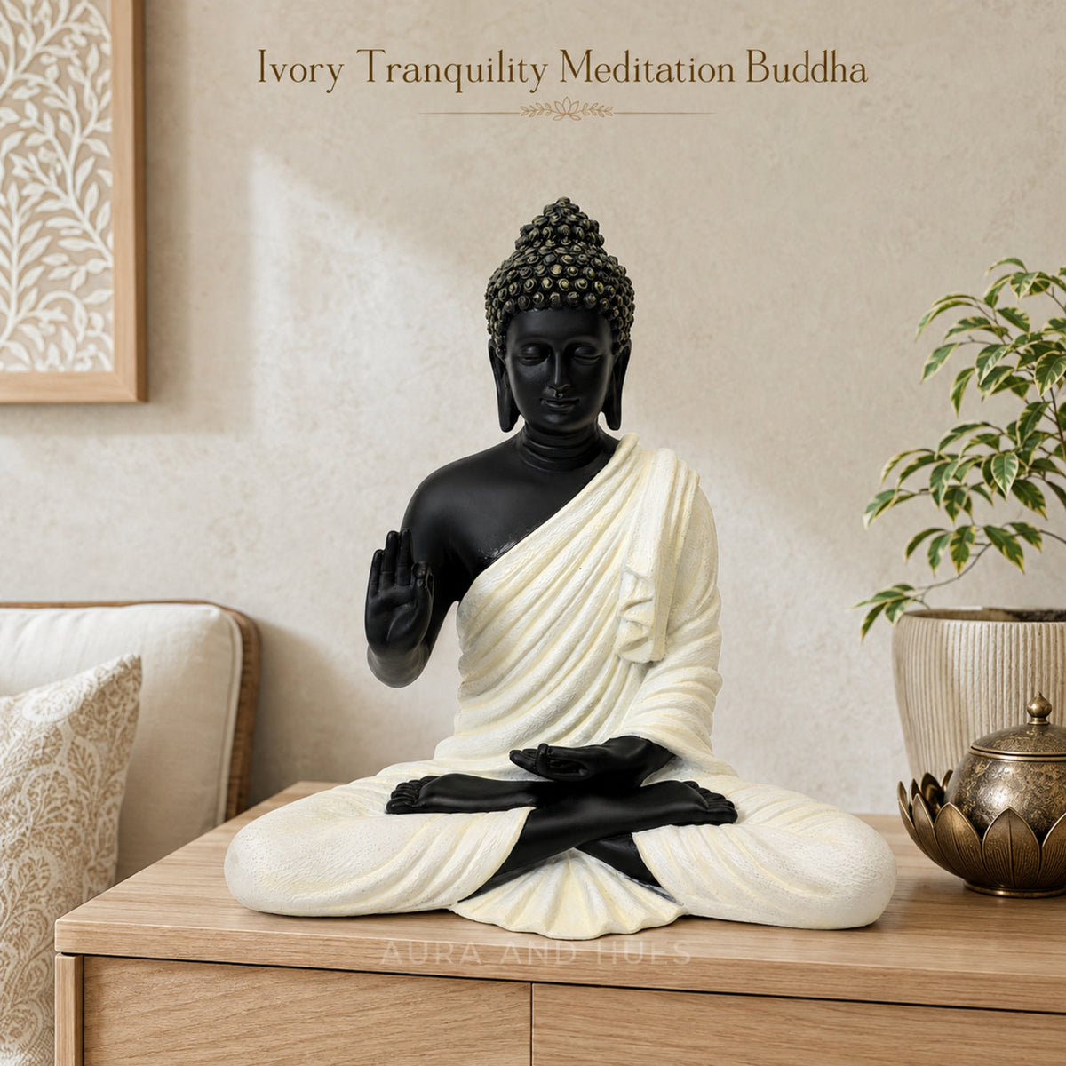 Meditating Dhyana Buddha Idol - Midnight Black & Cream