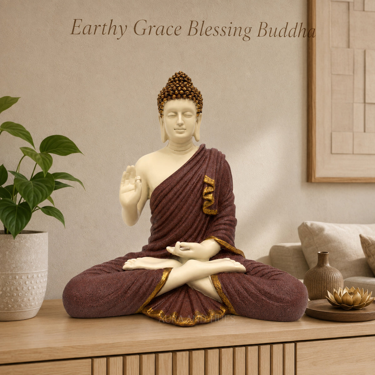 Meditating Dhyana Buddha Idol - Maroon & Cream