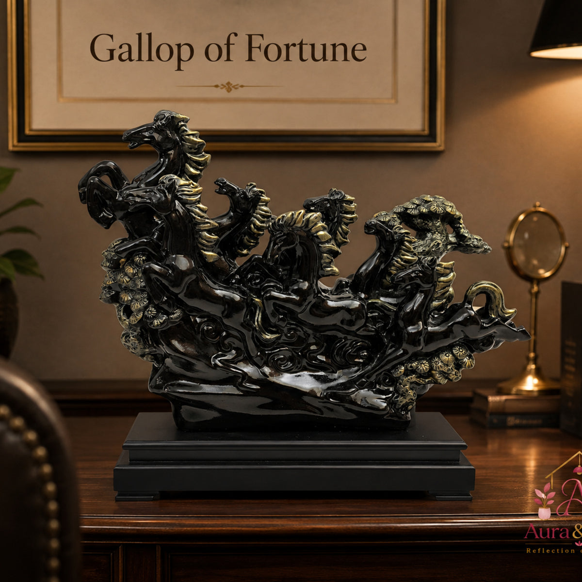 Vastu Regal Rearing Stallion Figurine - Antique Black & Black Base