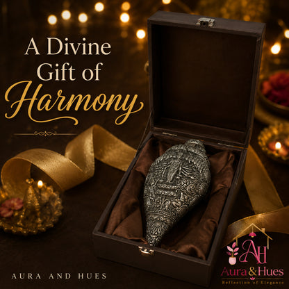 Sacred Divine Lord Vishnu Shankh with Dark Brown Display Box - Silver