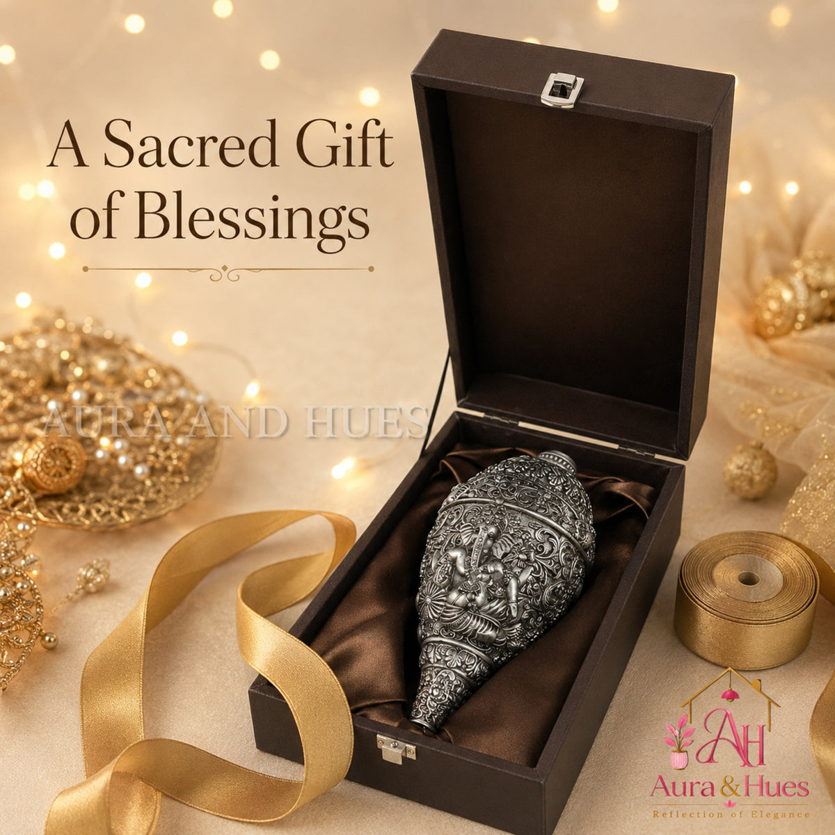 Sacred Divine Ganesha Shankh with Dark Brown Display Box - Silver