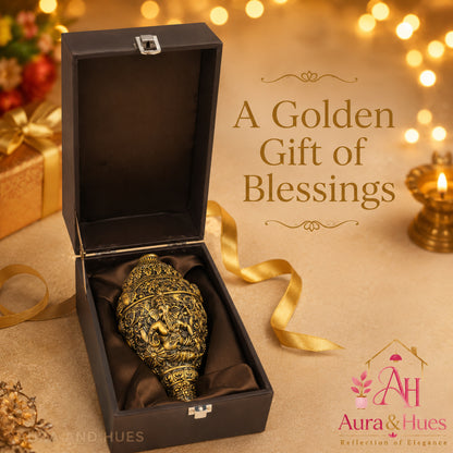 Sacred Divine Ganesha Shankh with Dark Brown Display Box - Antique Gold