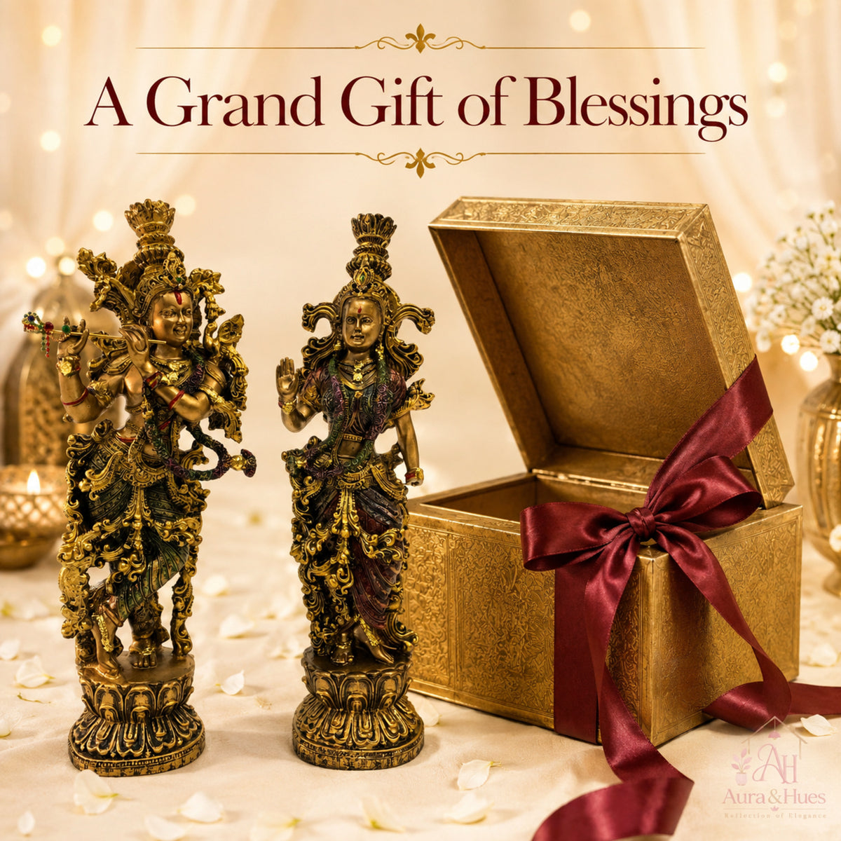 Divine Eternal Radha Krishna Statue - Antique Gold