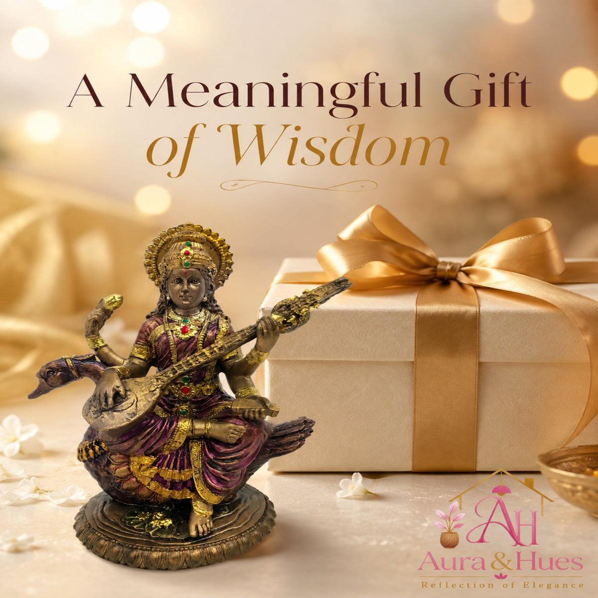 Divine Goddess Saraswati Idol with Veena - Antique Bronze, Gold & Violet
