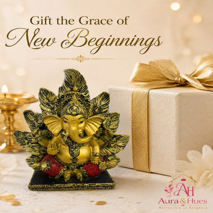 Artisanal Patta Ganesha Idol on Peepal Leaf - Antique Gold & Rich Maroon