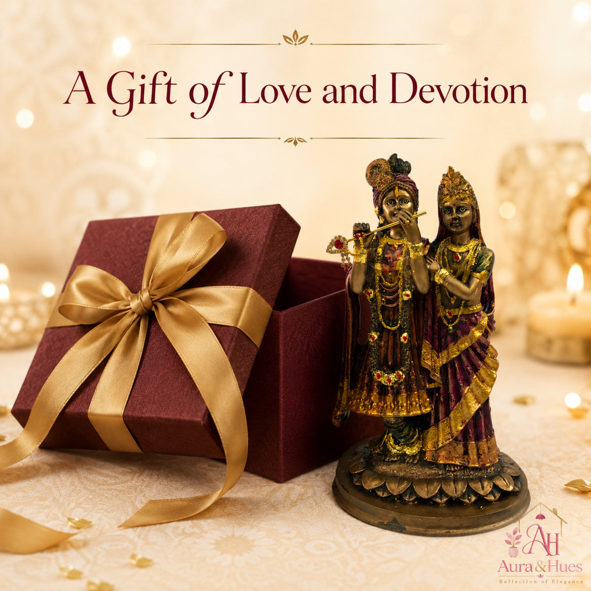 Divine Radha Krishna Embracing Idol - Antique Bronze, Gold & Maroon