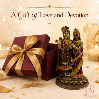 Divine Radha Krishna Embracing Idol - Antique Bronze, Gold & Maroon