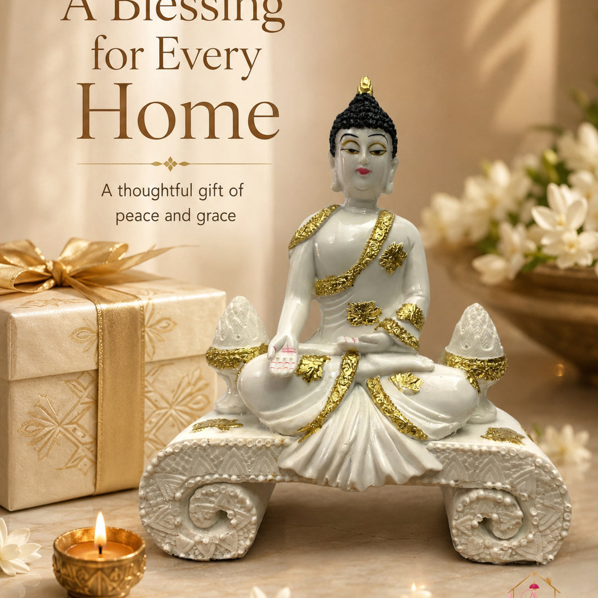 Serene Seated Buddha with Mudra - Pearl White & Gold