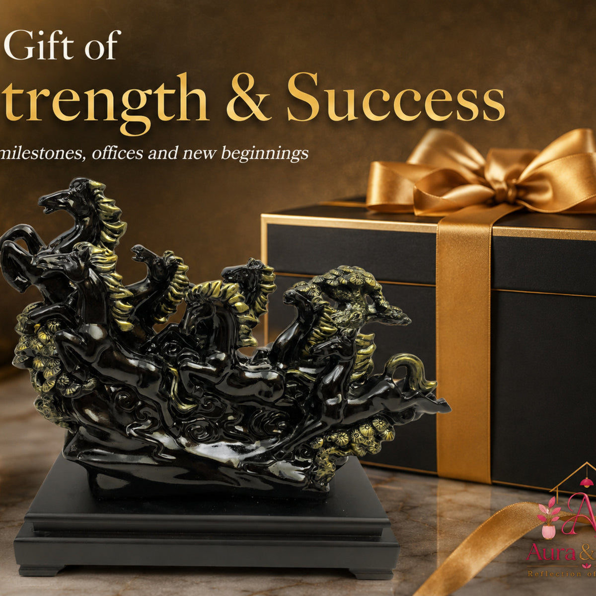 Vastu Regal Rearing Stallion Figurine - Antique Black & Black Base