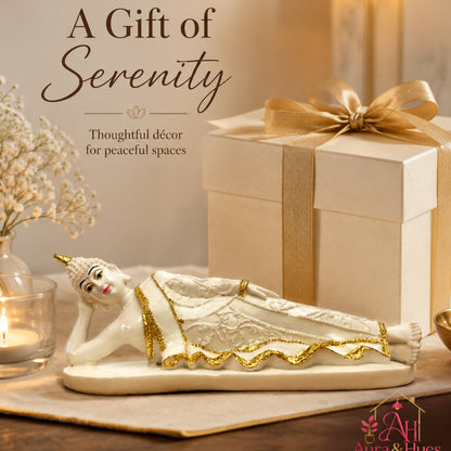 Serene Reclining Buddha Figurine - Pearl White & Gold