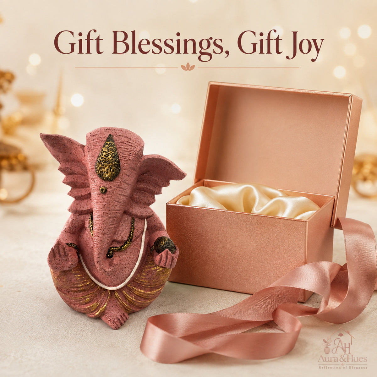 Auspicious Lord Ganesha with Flute Idol - Dusty Rose Gold