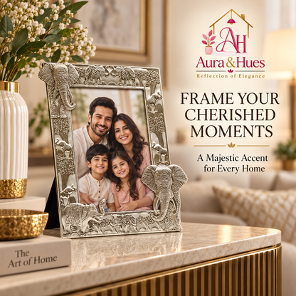 Aura & Hues Traditional Royal Elephant Handcrafted Wooden Photo Frame and Tabletop Desktop Art Decor - Pristine White Finish (17.7 x 22.8 cm)