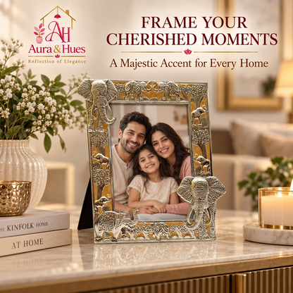 Aura & Hues Traditional Royal Elephant Handcrafted Wooden Photo Frame and Tabletop Desktop Art Decor - Festive Golden Yellow Finish (17.7 x 22.8 cm)