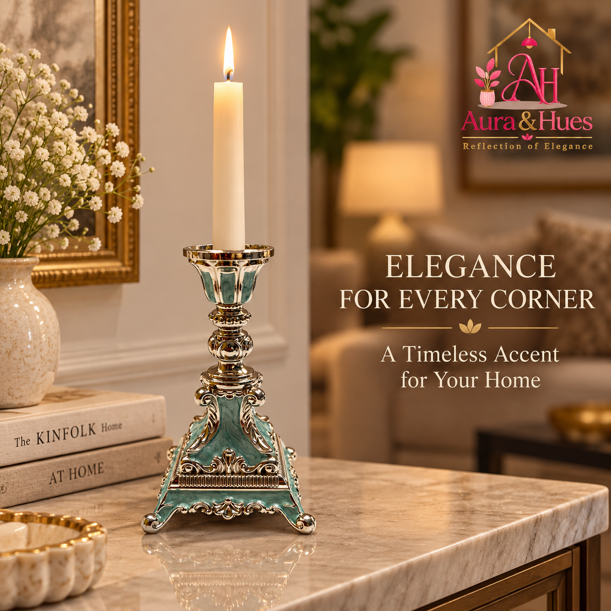 Aura & Hues Modern Geometric Square Pillar Candle Stand and Lantern Holder - Handcrafted Metal Centerpiece in Pastel Light Blue (9.5 x 15 cm)