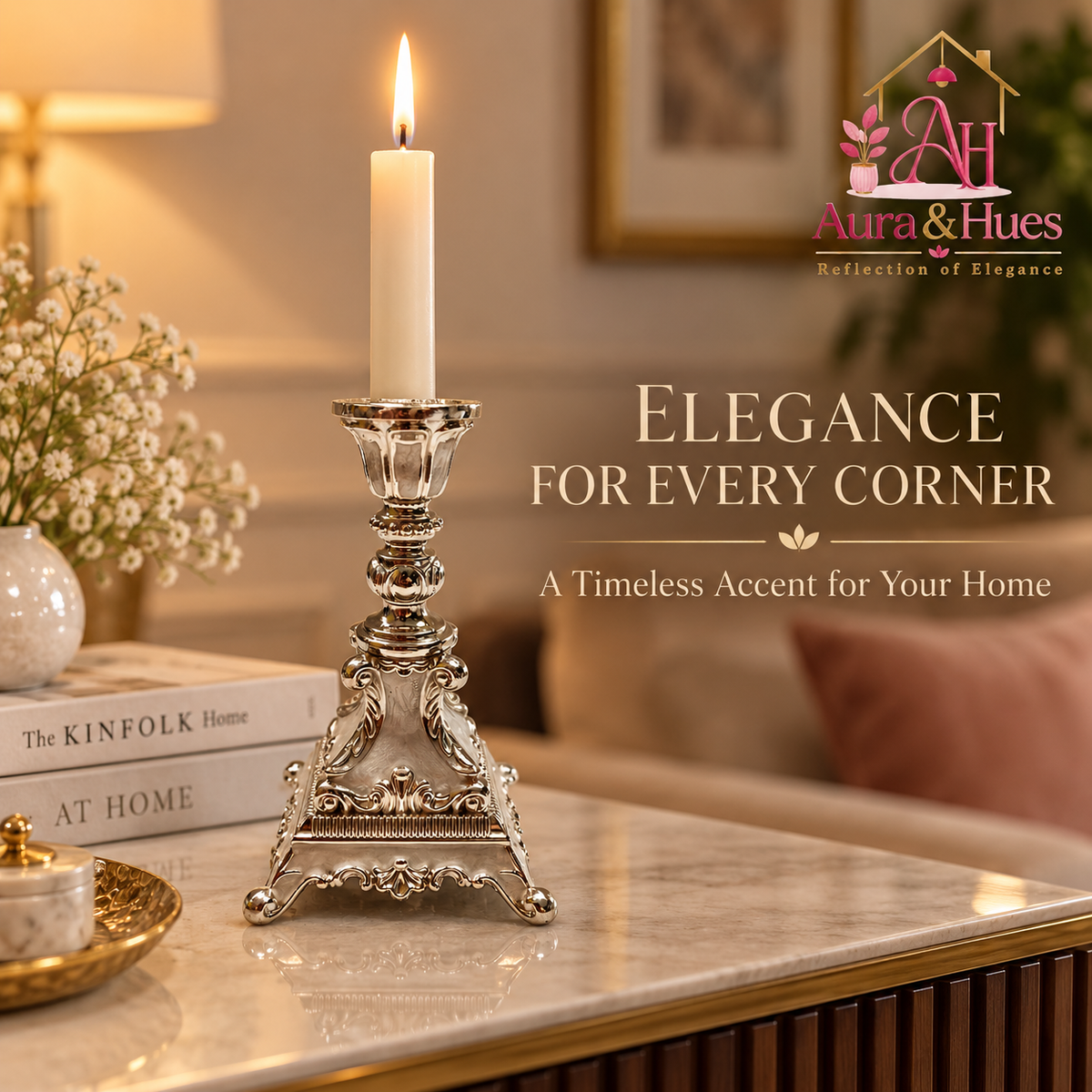 Aura & Hues Modern Geometric Square Pillar Candle Stand and Lantern Holder - Handcrafted Metal Centerpiece in Classic Glossy White (9.5 x 15 cm)