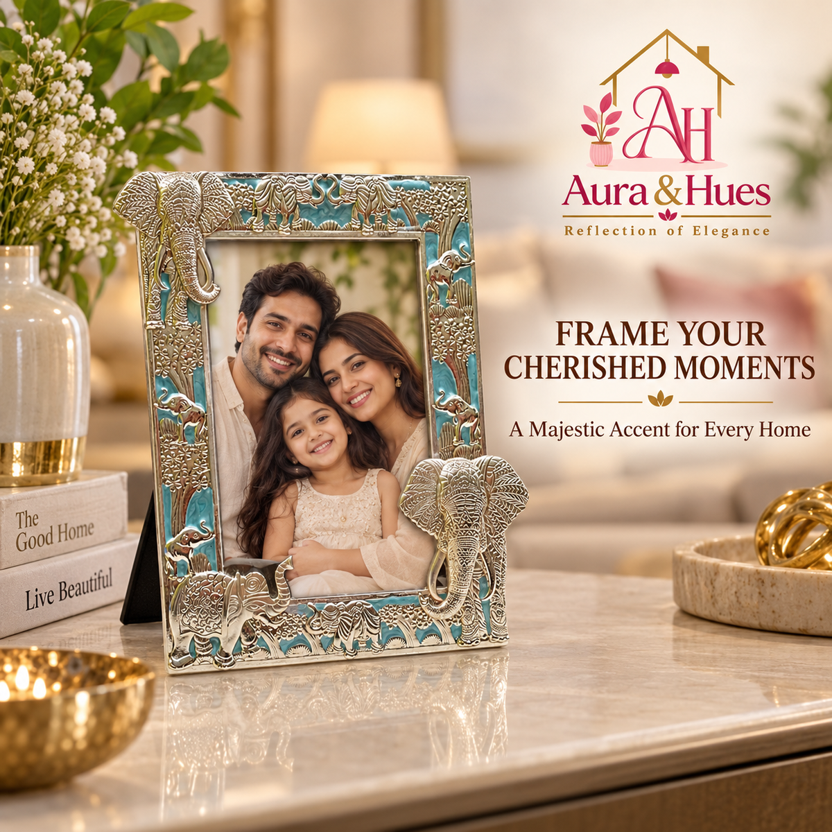 Aura & Hues Traditional Royal Elephant Handcrafted Wooden Photo Frame and Tabletop Desktop Art Decor - Vibrant Royal Blue Finish (17.7 x 22.8 cm)