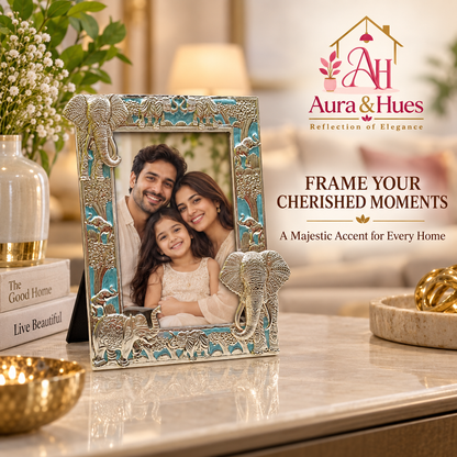 Aura & Hues Traditional Royal Elephant Handcrafted Wooden Photo Frame and Tabletop Desktop Art Decor - Vibrant Royal Blue Finish (17.7 x 22.8 cm)