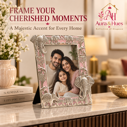 Aura & Hues Traditional Royal Elephant Handcrafted Wooden Photo Frame and Tabletop Desktop Art Decor - Charming Blush Pink Finish (17.7 x 22.8 cm)