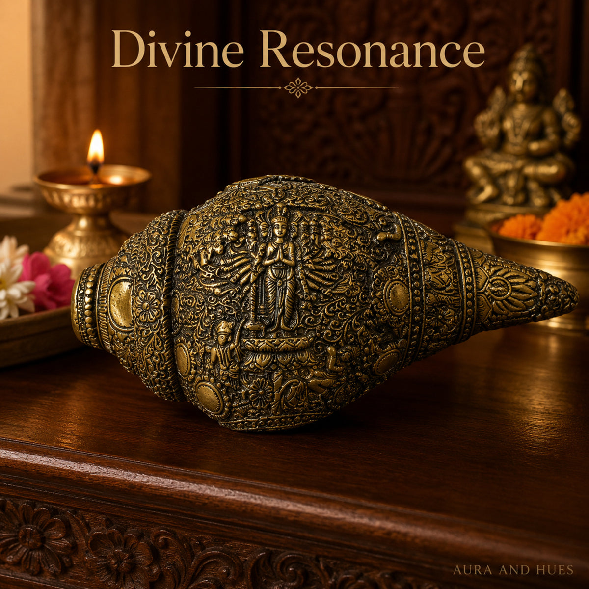 Sacred Lord Vishnu Shankh with Dark Brown Display Box - Antique Gold