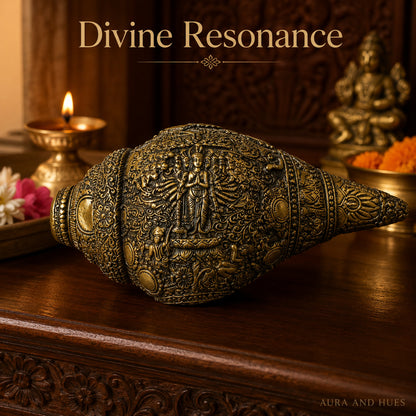 Sacred Lord Vishnu Shankh with Dark Brown Display Box - Antique Gold