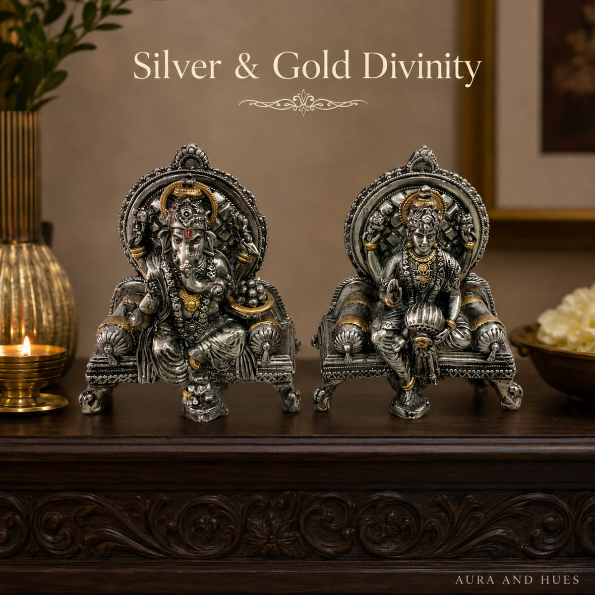 Divine Ganesha & Lakshmi Idol Set with Premium Box - Antique Silver