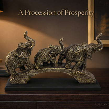 Trio of Lucky Feng Shui Elephants on Base - Antique Silver Bronze