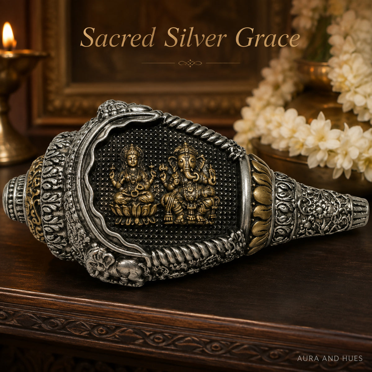 Divine Lakshmi & Ganesha Shankh Duo with Dark Brown Box - Silver & Gold