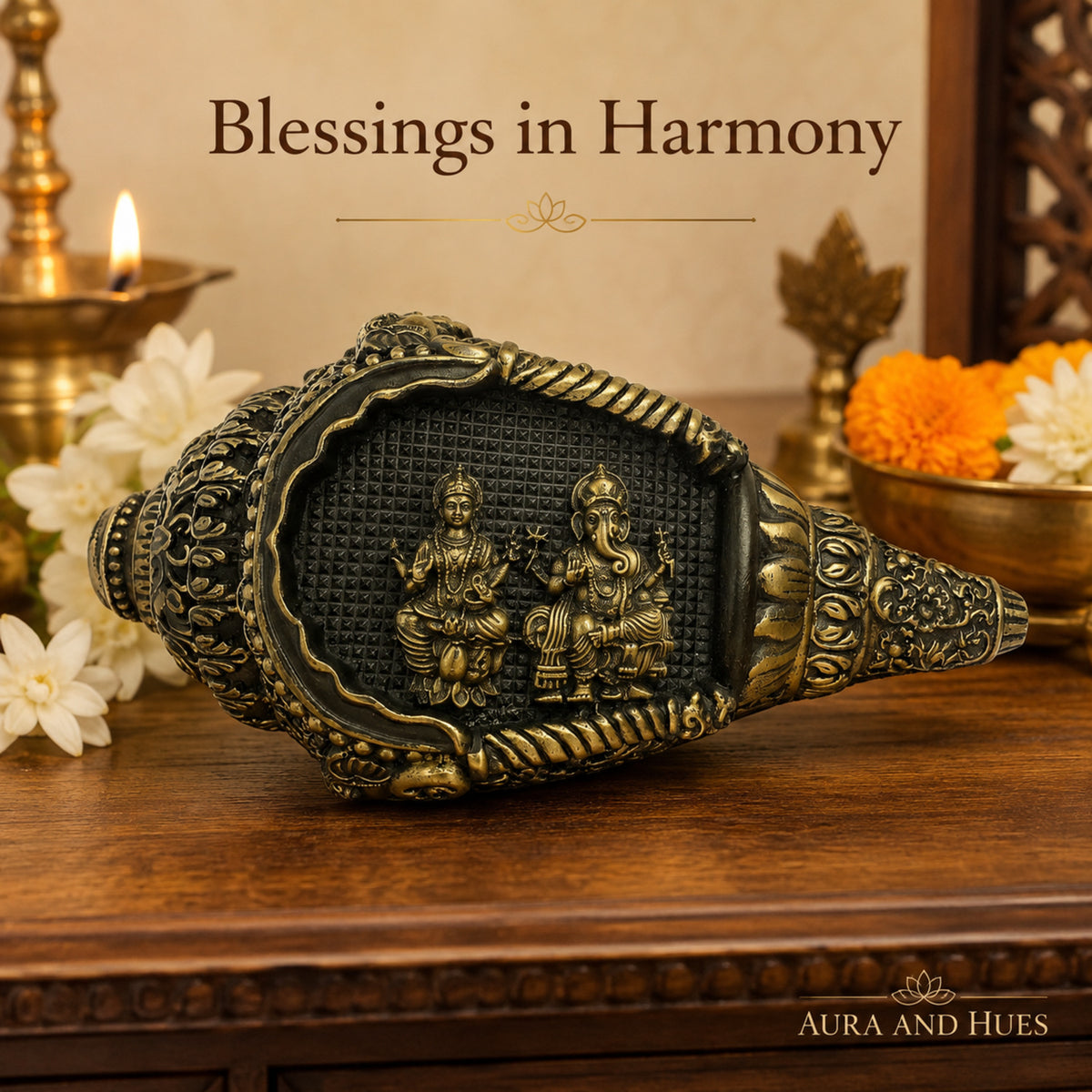 Lakshmi & Ganesha Shankh Duo with Dark Brown Box - Antique Gold