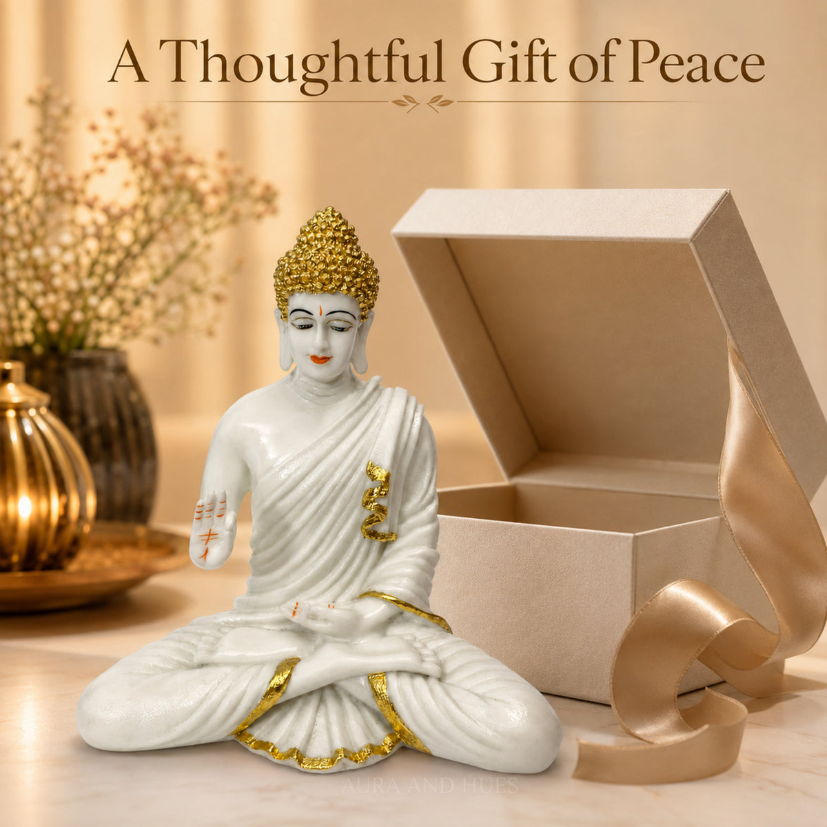 Meditating Dhyana Buddha Idol - White & Gold