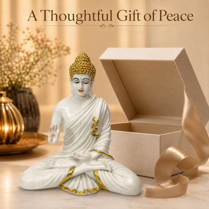 Meditating Dhyana Buddha Idol - White & Gold