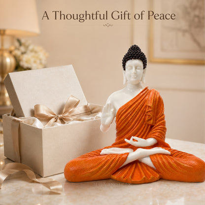 Meditating Dhyana Buddha Idol - White & Terracotta Orange