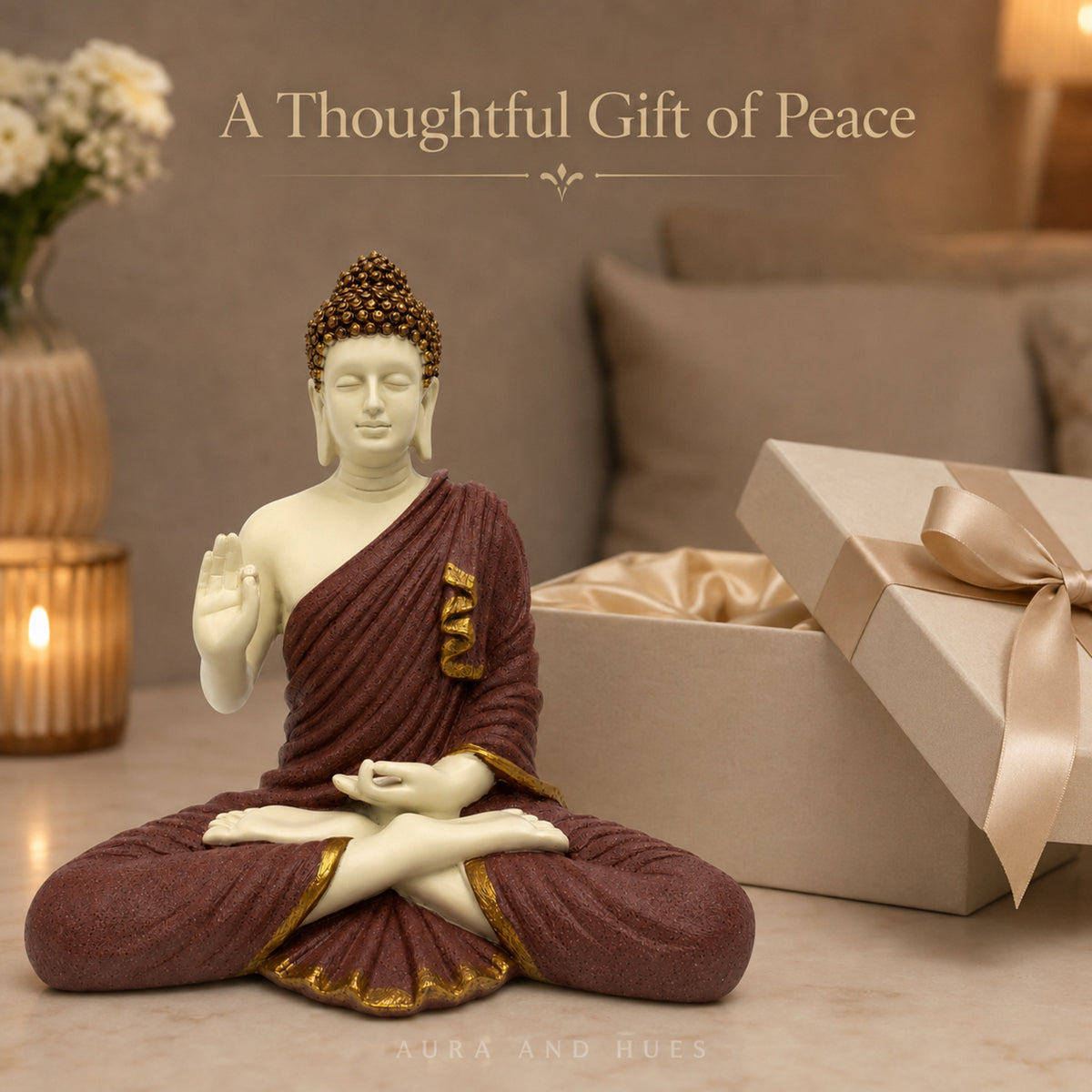Meditating Dhyana Buddha Idol - Maroon & Cream