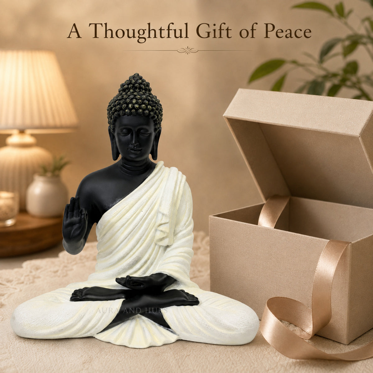 Meditating Dhyana Buddha Idol - Midnight Black & Cream