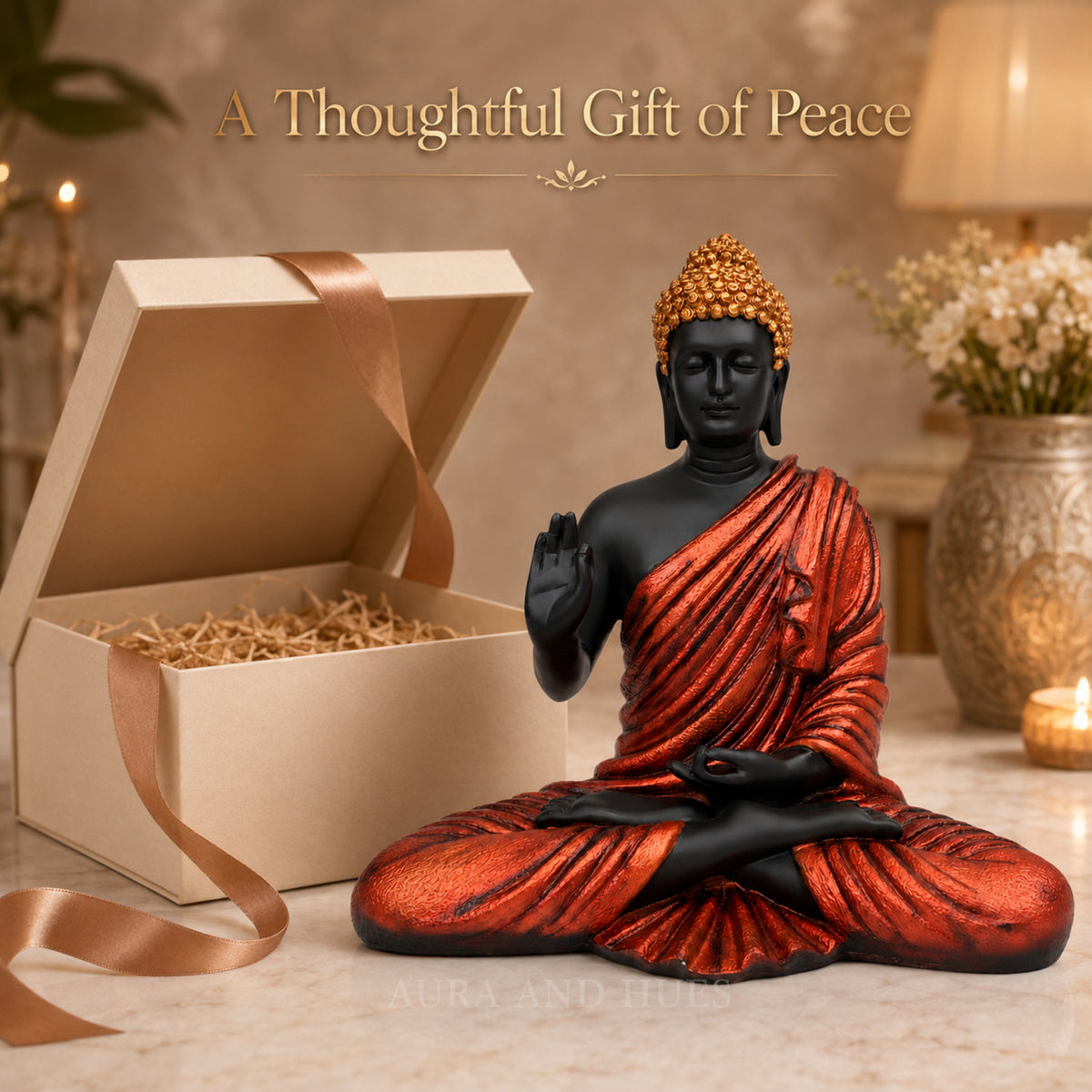 Meditating Dhyana Buddha Idol - Midnight Black & Orange