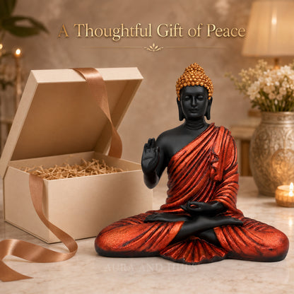 Meditating Dhyana Buddha Idol - Midnight Black & Orange