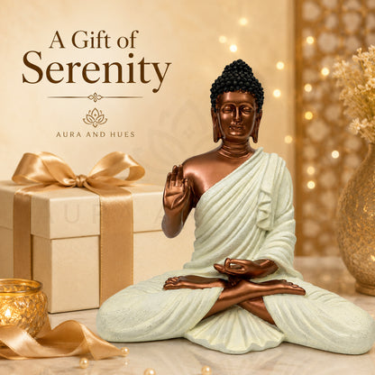 Meditating Dhyana Buddha Idol - Metallic Copper & Cream
