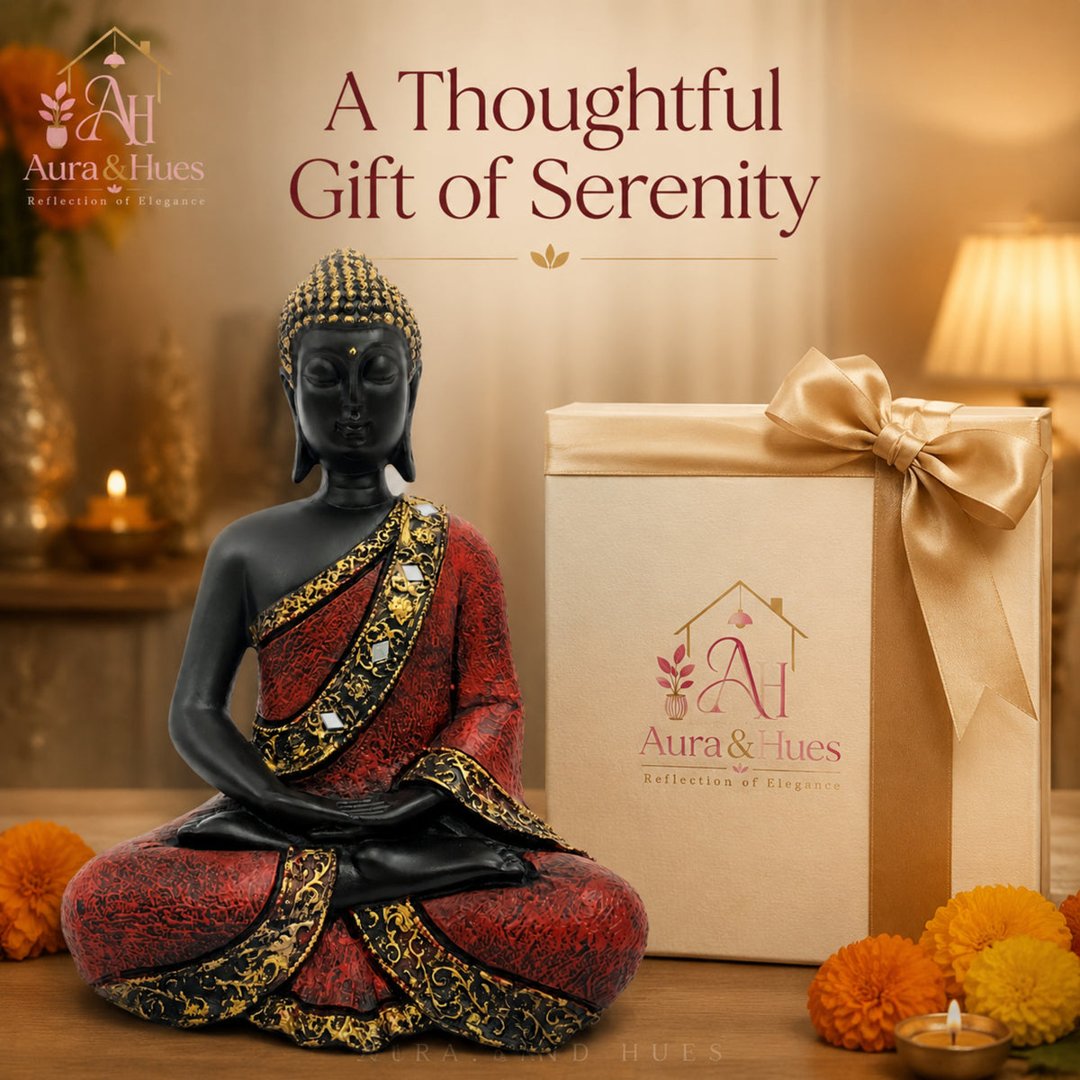 Contemplative Sitting Buddha Statue - Crimson Red & Black
