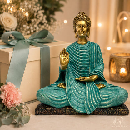 Serene Blessing Buddha Statue - Metallic Gold & Turkish Blue