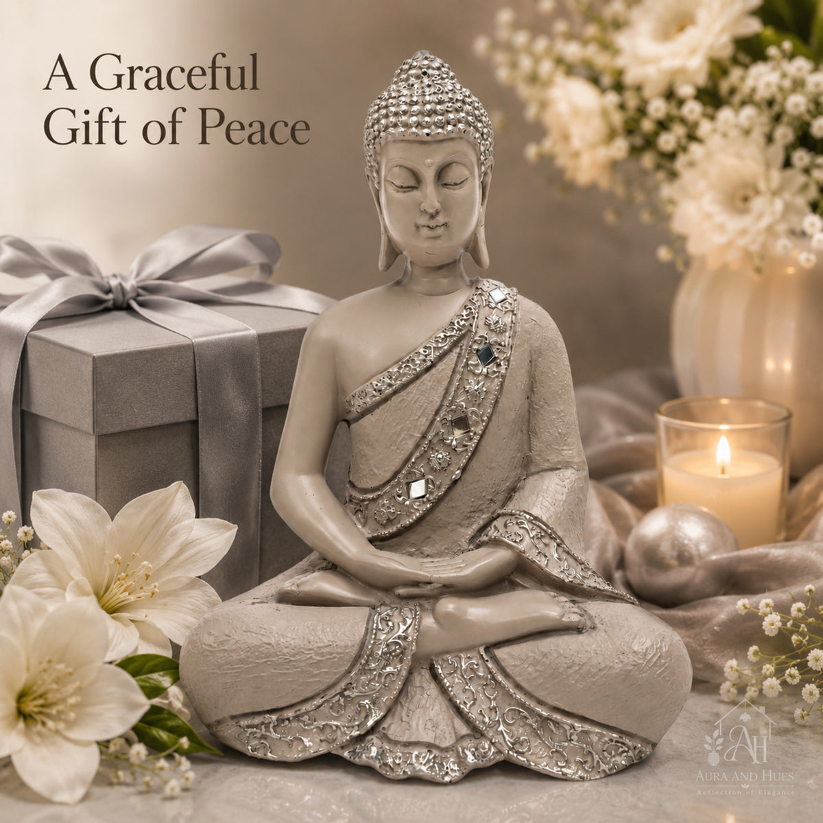 Contemplative Sitting Buddha Statue - Beige Gray