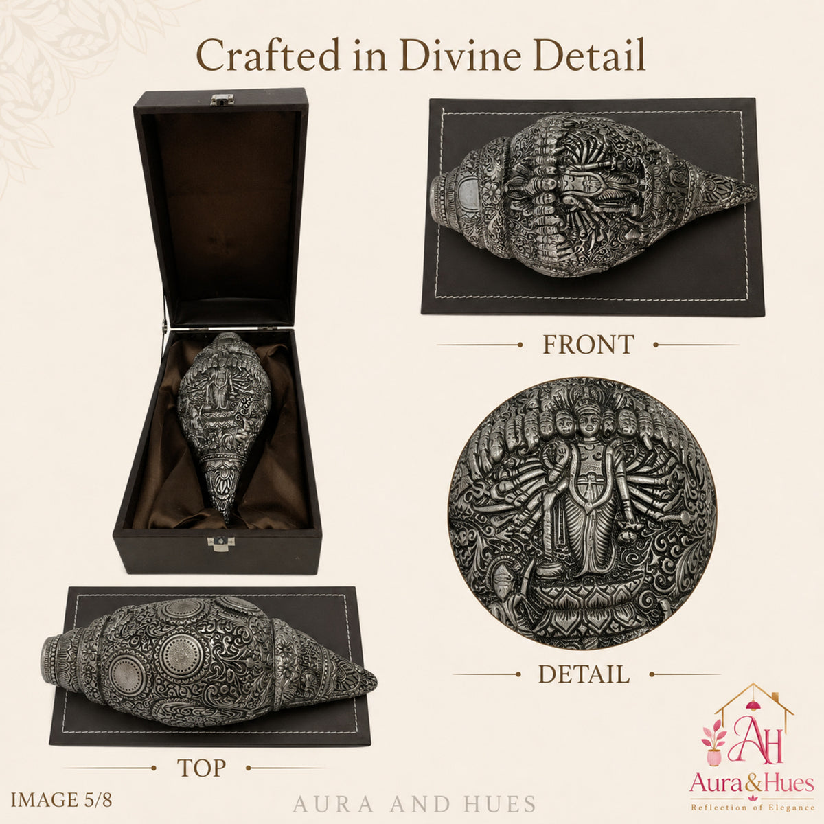 Sacred Divine Lord Vishnu Shankh with Dark Brown Display Box - Silver