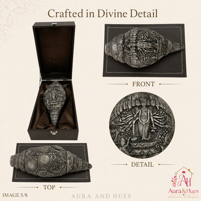 Sacred Divine Lord Vishnu Shankh with Dark Brown Display Box - Silver